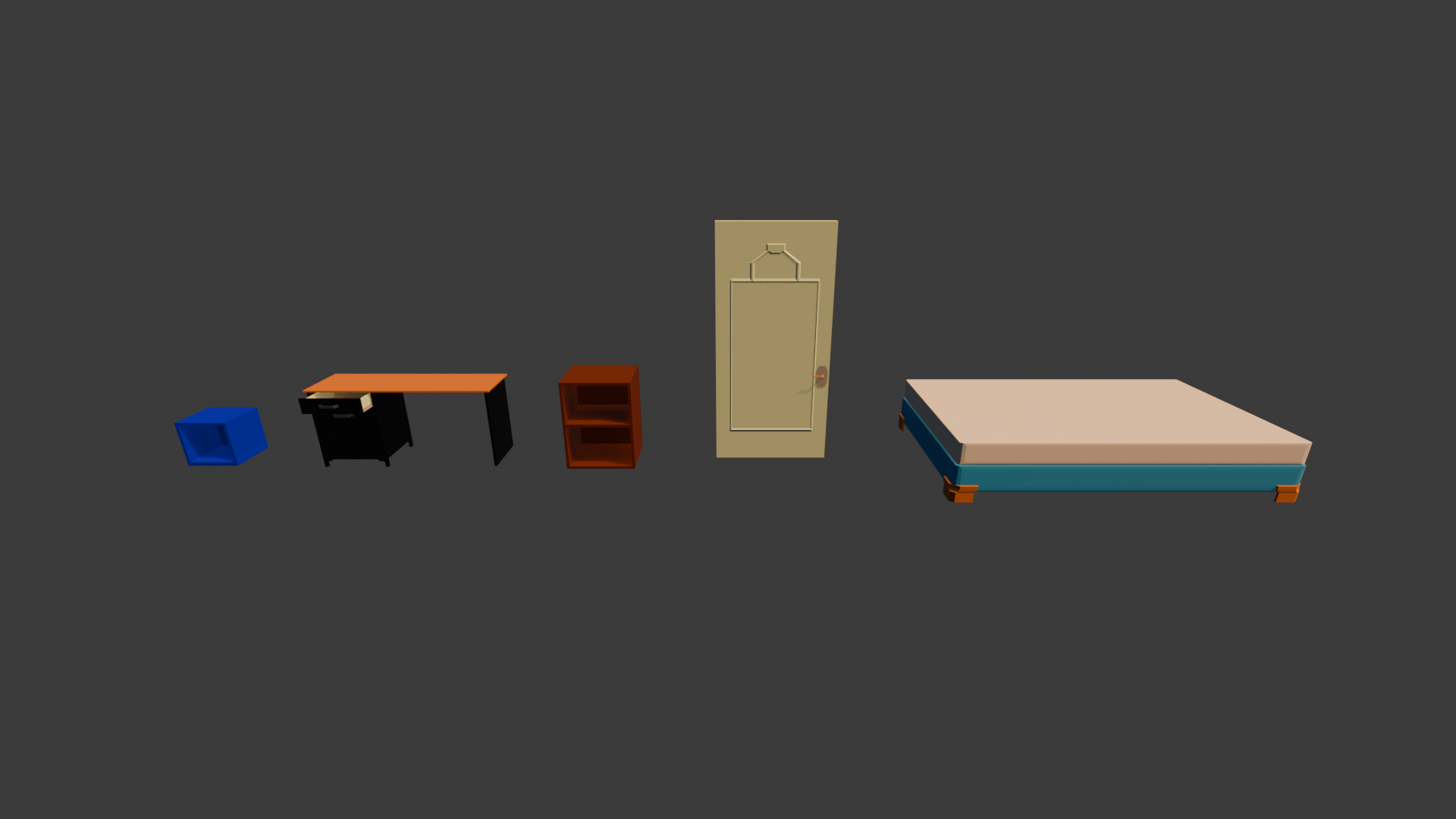 Rendu d'une porte, de deux meubles, d'un lit et d'un bureau
