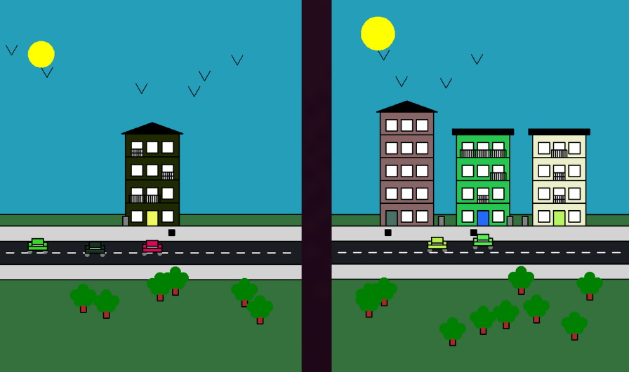 deux payssage avec plusieurs éléments comme des imeubles dont le nombre et alétoire